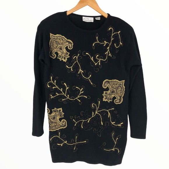 90’s Vintage Beaded Embroidered Lambswool Angora Long Sleeve Sweater size Small - Picture 1 of 12